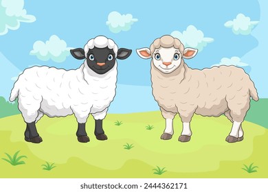 Cartoon black and white sheep on white background