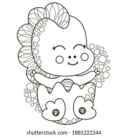 Cartoon black and white single illustration of a little cute happy dinosaur hatching from an egg. Vector isolated outline baby tyrannosaurus for coloring book or page, logotype, digital stamp. 