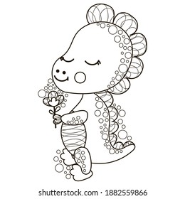 Cartoon black and white single illustration of a little cute smiling dinosaur tyrannosaurus holding a flower and sniffing it. Isolated outline baby dragon for coloring book, page, logotype. Vector.