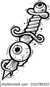 Cartoon black and white spooky dagger that protrudes the eyeball. Isolated on a white background. Vector illustration.