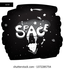 Cartoon black and white vector illustration of space. Moon, planet, rocket, earth, cosmonaut, comet, universe. Classification. Hand drawn. Vector