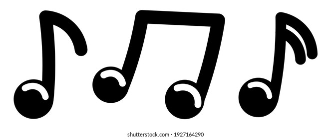 Juego de notas musicales en blanco y negro de dibujos animados. Los elementos están aislados en un fondo blanco.