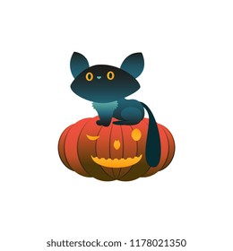Cartoon black witch cat with devil eyes standing on spooky, scary pumpkin jack'o lanterns. Halloween holiday symbol, trick or treat traditional autumn horror kids celebration. Vector illustration