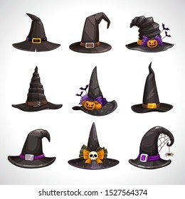 Cartoon black witch hats, icons set. Wizard hat collection. Halloween costume element. Vector illustration.