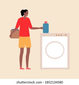 Cartoon black woman with beautiful hair holds a box of clothes near the washing machine. Flat vector style. A girl in a red shirt and yellow shorts takes powder to wash her clothes. Housekeeper work.