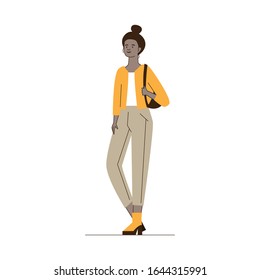 Cartoon black woman in casual with backpack. Full body of dark skinned female student flat vector illustration. Fashion, clothes concept for banner, website design or landing web page