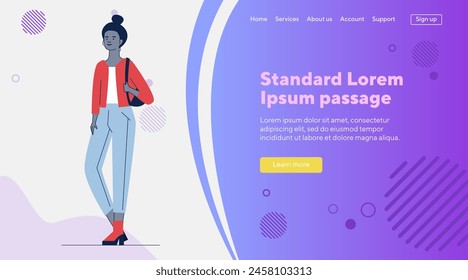 Cartoon Black woman in casual with backpack. Full body of dark skinned female student flat vector illustration. Fashion, clothes concept for banner, website design or landing web page