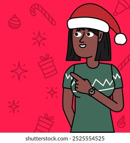 Cartoon of black woman with Christmas hat pointing finger on Christmas background