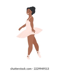 Cartoon Black Woman Classical Choreography dancer, pink tutu and Pointe shoes. Woman dancing ballet. Cartoon flat vector illustration isolated on the white background