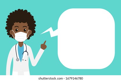 Cartoon Black Women Doctor Wearing Protective Mask And Pointing Finger With A Speech Bubble