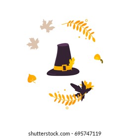 Cartoon black and yellow pilgrim hat and fall, autumn leaves, Thanksgiving decoration element, vector illustration isolated on white background. Cartoon pilgrim hat and fall, autumn leaves