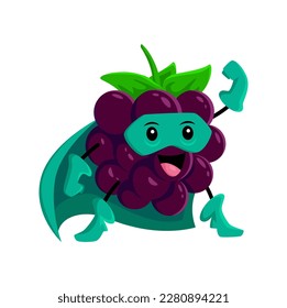 Cartoon blackberry berry superhero vector character. Super hero defender personage in cape and mask stand with raised arm. Funny cheerful fairytale healthy food, brave vigilante ready for feat