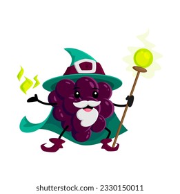 Cartoon blackberry berry wizard or magician character. Funny vector sorcerer, magic personage in blue hat and cape. Smiling senior wiz with beard mustaches hold magic fire and wooden fascinator staff