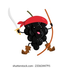 Cartoon blackberry pirate character with saber riding rope. Vector happy adventurous corsair or buccaneer in red bandana. Isolated freebooter or picaroon personage with sword in hand board the ship