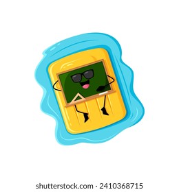 Cartoon blackboard school supply character floating on mattress in sea on summer beach vacation. Isolated vector chalkboard personage wear sunglasses lying on inflatable floater under the sun rays