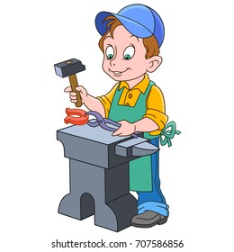 Cartoon blacksmith worker, isolated on white background. Colorful book page design for kids and children.