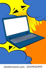 Cartoon blank laptop, comic book notebook. Retro vector comics pop art design.