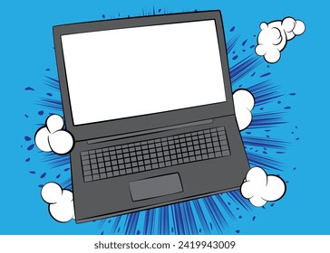 Cartoon blank laptop, comic book notebook. Retro vector comics pop art design.