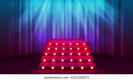 Cartoon blank red square podium with ladder, bulbs lights and spotlight on background with curtain