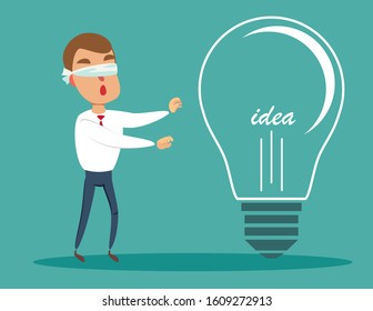 Cartoon blind black african american businessmen is can not find a large light bulb as a symbol of new ideas lying on the ground. Vector flat design illustration.Vector flat design illustration.