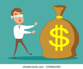 Cartoon blind businessmen is can not find money lying on the ground. Vector illustration on finding easy money and get-rich-quick concept.