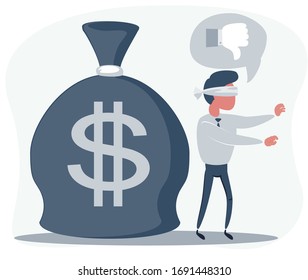 Cartoon blind businessmen can not find money lying on the ground. Vector flat design illustration.