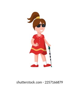 Cartoon blind girl with white cane vector illustration. Blind girl with walking stick. Disability, health, accessibility concept