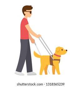 Cartoon blind man with cane and guide dog. Walking with Seeing Eye dog vector illustration. svg