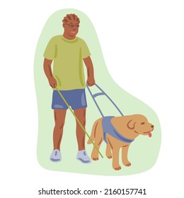 Cartoon Blind Man With Cane And Guide Dog. Walking With Seeing Eye Dog Vector Illustration. People With Disabilities In Everyday Life Flat Cartoon Vector Illustration. 