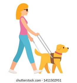 Cartoon Blind Woman With Cane And Guide Dog. Walking With Seeing Eye Dog Vector Illustration.