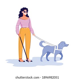 Cartoon blind woman walking with guide dog and cane - person with vision loss disability smiling and strolling with service animal. Flat isolated vector illustration. svg