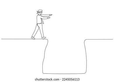 Cartoon of blindfolded businessman walking into deep hole concept of uncertainty in business. One line art style