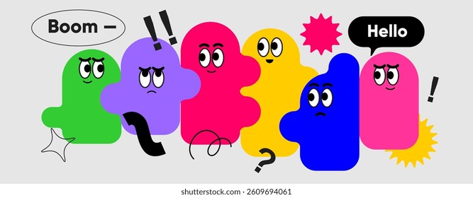 Cartoon blob characters with expressive eyes and emotional symbols like exclamation marks, stars, and question marks, gathered under the title “Boom – Hello” on a light background.