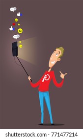Cartoon blogger communicates with his subscribers on the air. Vector