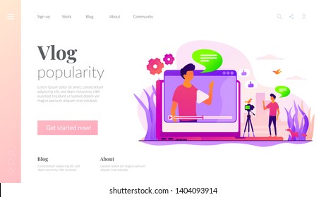 Cartoon blogger streaming online outdoors. Male influencer shooting video tutorial. Video blog, vlog popularity, video blog monetization concept. Website homepage header landing web page template.