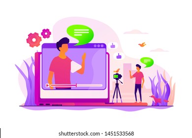 Cartoon blogger streaming online outdoors. Male influencer shooting video tutorial. Video blog, vlog popularity, video blog monetization concept. Vector isolated concept creative illustration