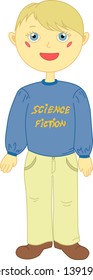 Cartoon blond and blue-eyed smiling boy in a blue sweater with a yellow "science fiction" lettering, beige pants and brown boots vector