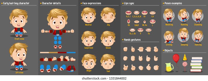 Cartoon blond boy constructor for animation. Parts of body: legs, arms, face emotions, hands gestures, lips sync. Full length, front, three quarter view. Set of ready to use poses, objects.