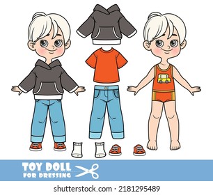 Cartoon blond Junge gekleidet und Kleidung einzeln - rotes T-Shirt, blaue Jeans, Hoodie und Turnschuhe-Puppe zum Anziehen