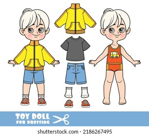 Cartoon blond boy dressed and clothes separately - T-shirt, shorts, yellow sports windbreaker and sneakers doll for dressing