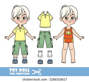 Cartoon blond boy dressed and clothes separately - yellow T-shirt, breeches and sandals doll for dressing