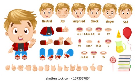 Cartoon blond boy in red shirt constructor for animation. Parts of body: legs, arms, face emotions, hands gestures, lips sync. Full length, front, three quater view. Set of ready to use poses, objects