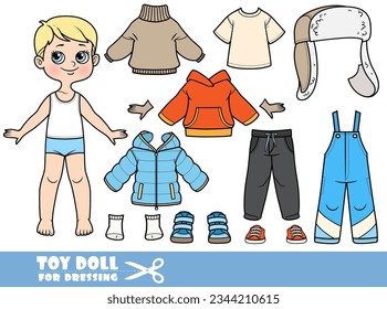 Cartoon blond boy - winter season - padded overalls, jacket, hat with ear flaps, sweater, boots and gloves. Doll for dressing