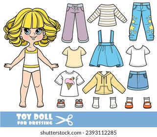 Cartoon blond girl with big curls and clothes separately -  long sleeve, shirt, sandals, jacket, skirts, jeans and sneakers doll for dressing