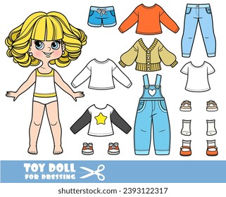 Cartoon blond girl with big curls and clothes separately -  long sleeve, shirt, sandals, jacket, shorts, overalls, jeans and sneakers doll for dressing