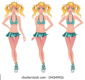 Cartoon blond girl with blue eyes in swimsuit of turquoise color.