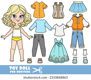 Cartoon blond girl  and clothes separately -  insulated vest, long sleeve, dress, t-shirts, sandals, jacket, skirt, breeches, jeans and sneakers doll for dressing