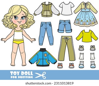 Kartoon-Blond-Mädchen und Kleidung einzeln - Sportjacke, kurze Hosen, Jeans, elegantes Kleid mit Bolero, lange Ärmel, T-Shirt, Sandalen und Turnschuhe-Puppe zum Anziehen