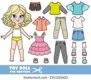 Cartoon blond girl  and clothes separately - skirt, shorts, blouse, long sleeve, jeans, t-shirts, sandals, sundress and sneakers doll for dressing