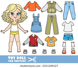 Cartoon blond girl  and clothes separately -   long sleeve,  t-shirts, sandals, jacket, shorts, tracksuit, jeans and sneakers doll for dressing